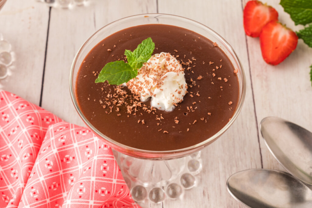 glass dessert cup with chocolate pudding