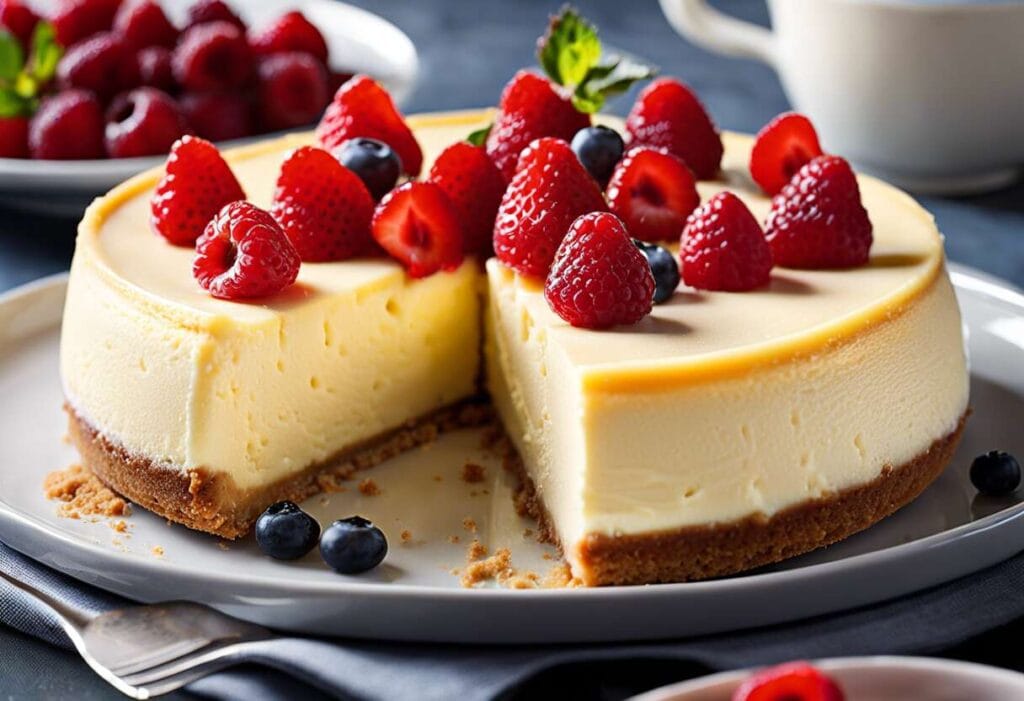 Cheesecake new-yorkais crémeux aux fruits rouges fraises et myrtilles