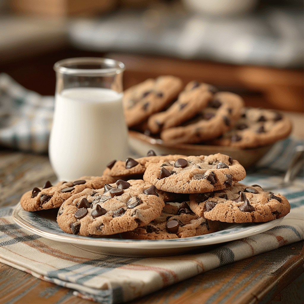 Cookies américains aux pépites de chocolat dorés et moelleux avec verre de lait sur torchon à carreaux