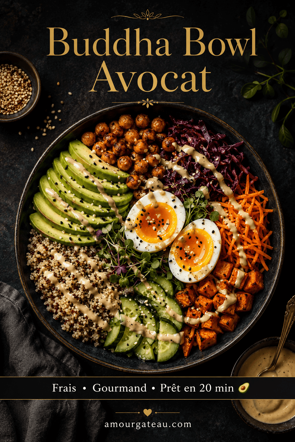 Buddha bowl avocat avec quinoa, légumes colorés et sauce tahini — recette fraîche et gourmande
