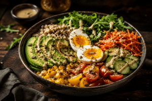 Buddha bowl avocat maison — quinoa, avocat, œuf mollet et légumes colorés