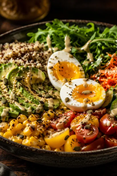 Buddha bowl avocat maison — quinoa, avocat, œuf mollet et légumes colorés