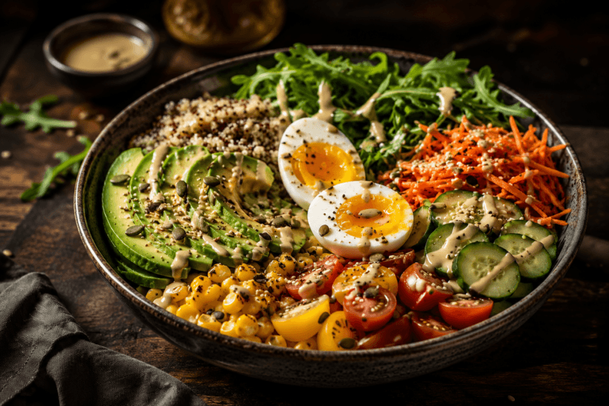 Buddha bowl avocat maison — quinoa, avocat, œuf mollet et légumes colorés